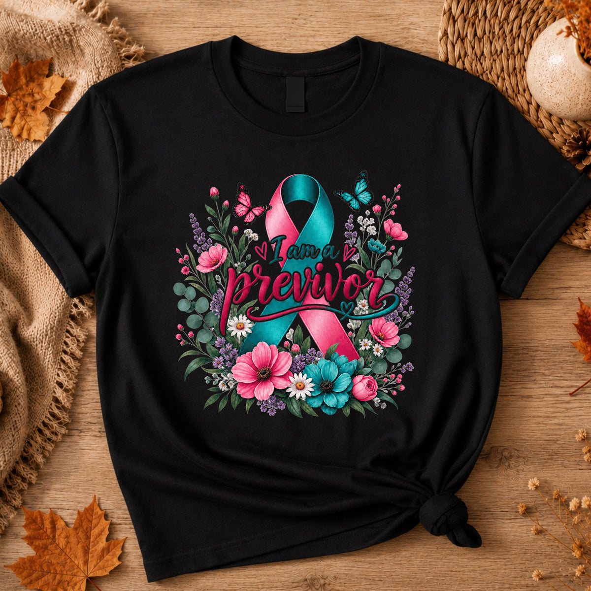 A black short-sleeve T-shirt laid flat on a wooden surface with autumn props. The shirt features a large front graphic with a pink and teal awareness ribbon surrounded by flowers and the words 'I am a previvor' in stylized script.