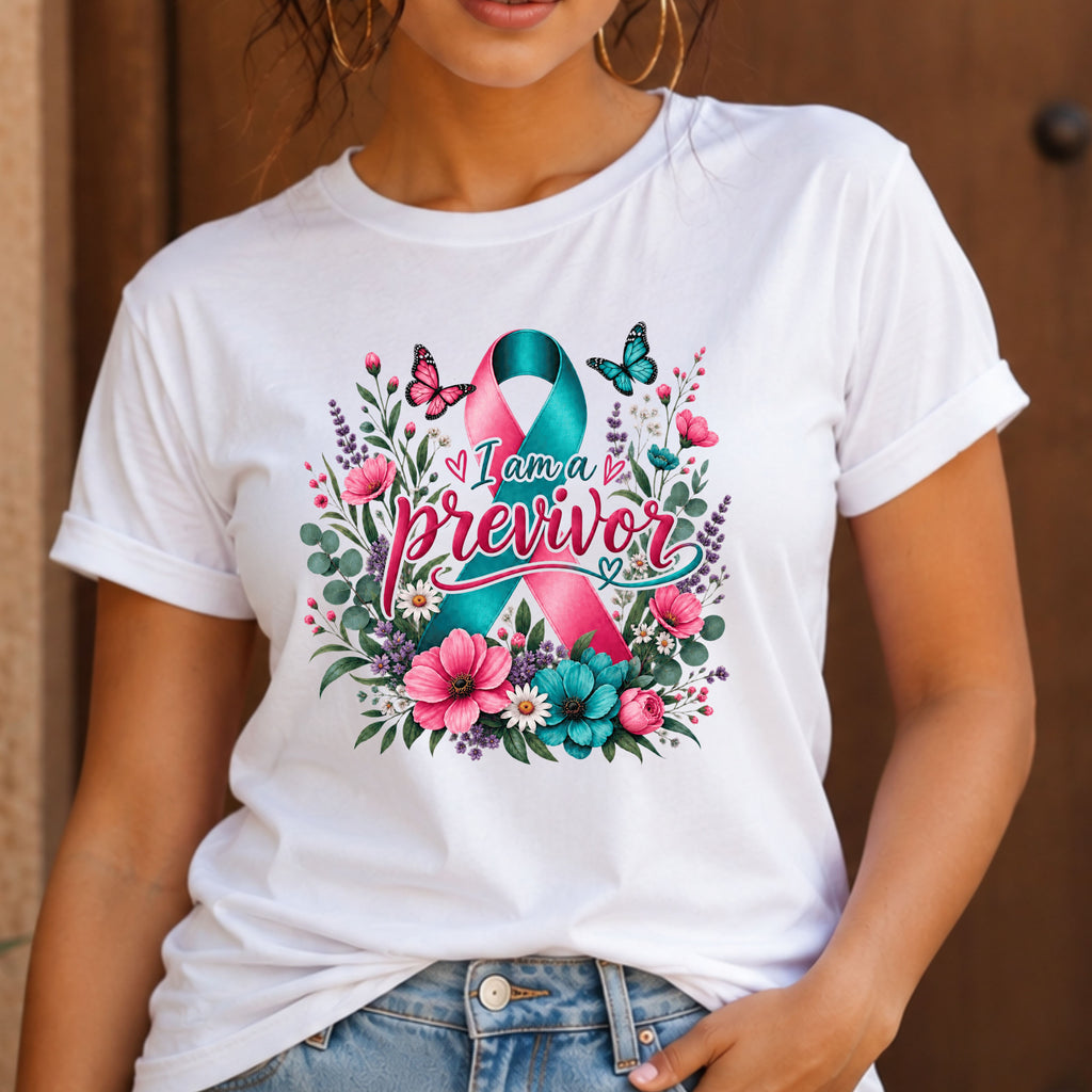 A white tshirt with the brca awareness ribbon with pink and blue flowers and butterflies   