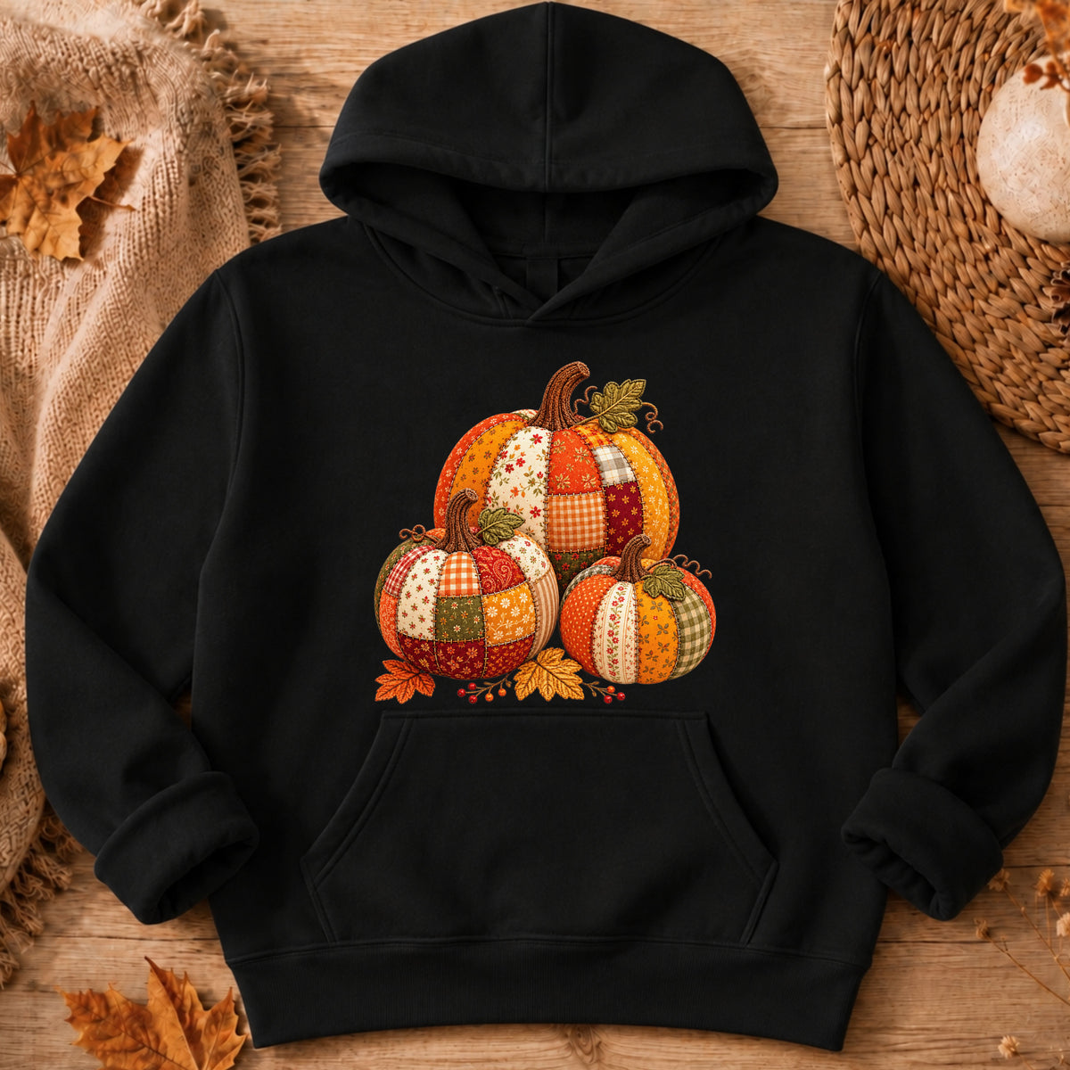 A black pullover hoodie laid flat on a rustic wood surface, featuring a colorful patchwork pumpkin graphic on the chest. 
