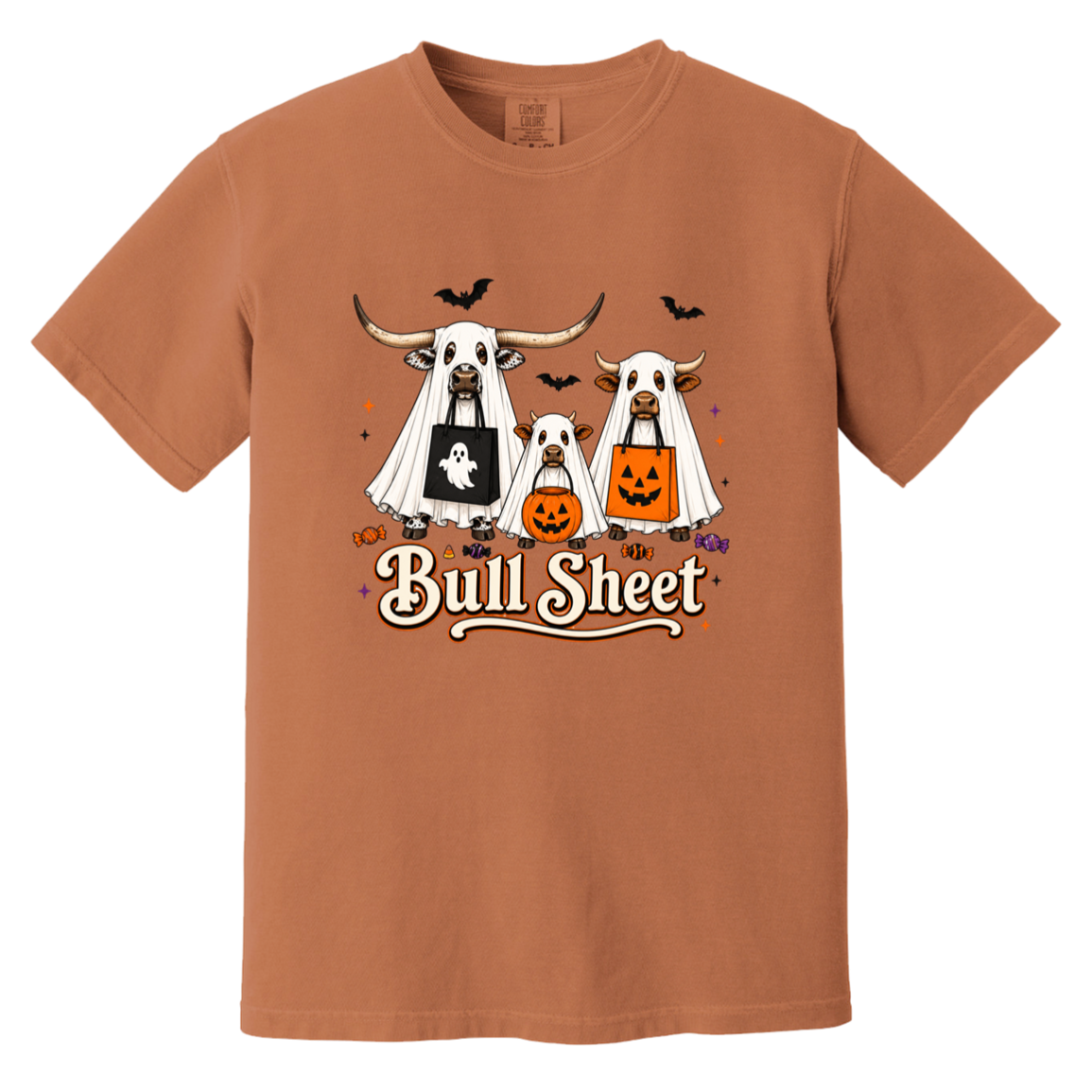 A dark gray crewneck t-shirt featuring a Halloween graphic of three longhorn bulls dressed in ghost costumes, with one pumpkin and one ghost bag, and the text 'Bull Sheet' written below.