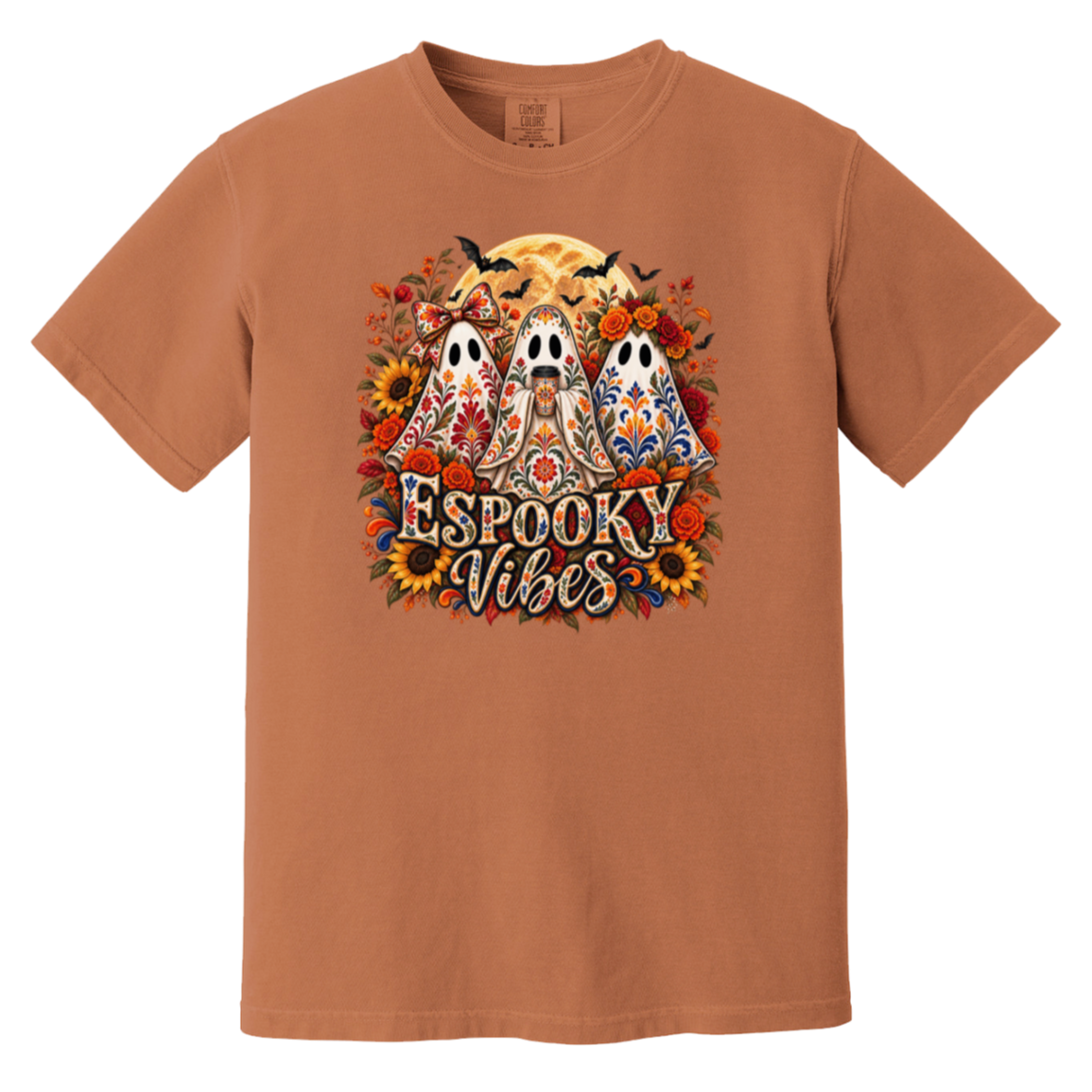 Rust orange crewneck t-shirt featuring a colorful graphic print of three decorated ghosts, sunflowers, bats, and the text 'Espooky Vibes' in a stylized font.