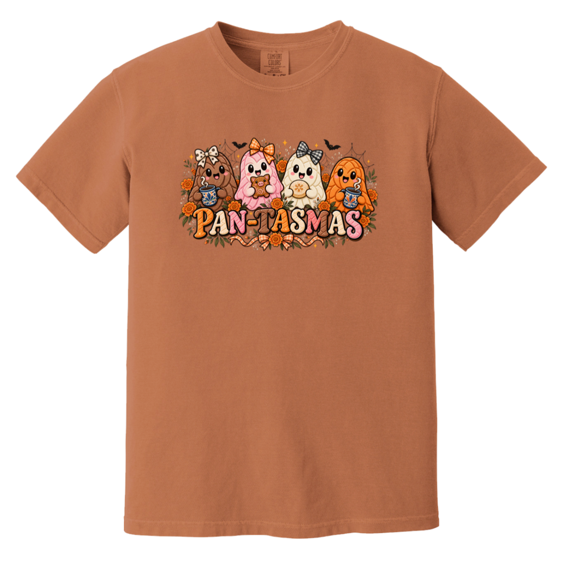 A rust orange crewneck t-shirt featuring a colorful graphic of four ghost like pan dulce breads with the text 'PAN-TASMAS' printed below them.