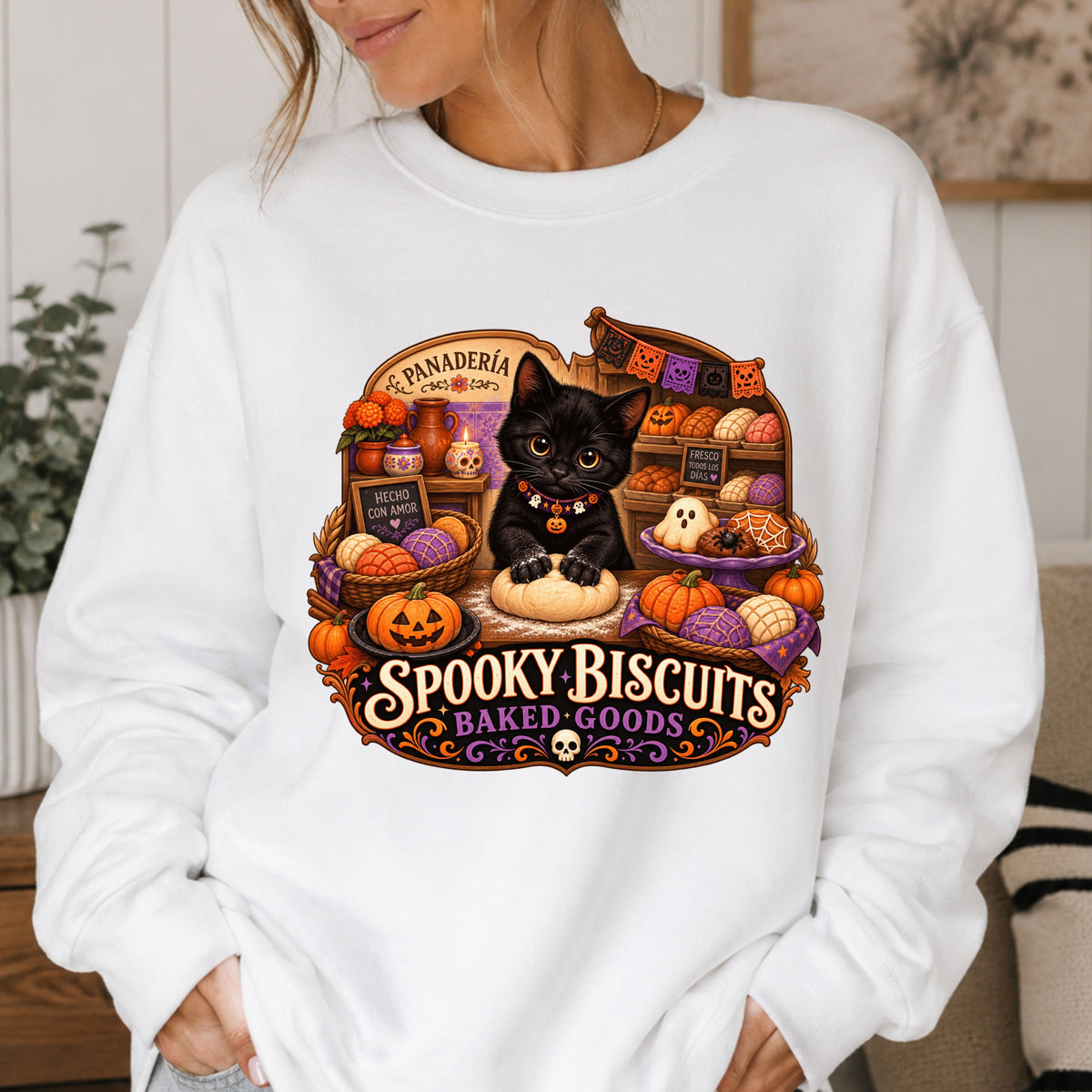 A woman wearing a white crewneck sweatshirt with a large, colorful Halloween-themed graphic on the front. The graphic features a black cat surrounded by pumpkins, ghosts, and the text 'Spooky Biscuits Baked Goods'.