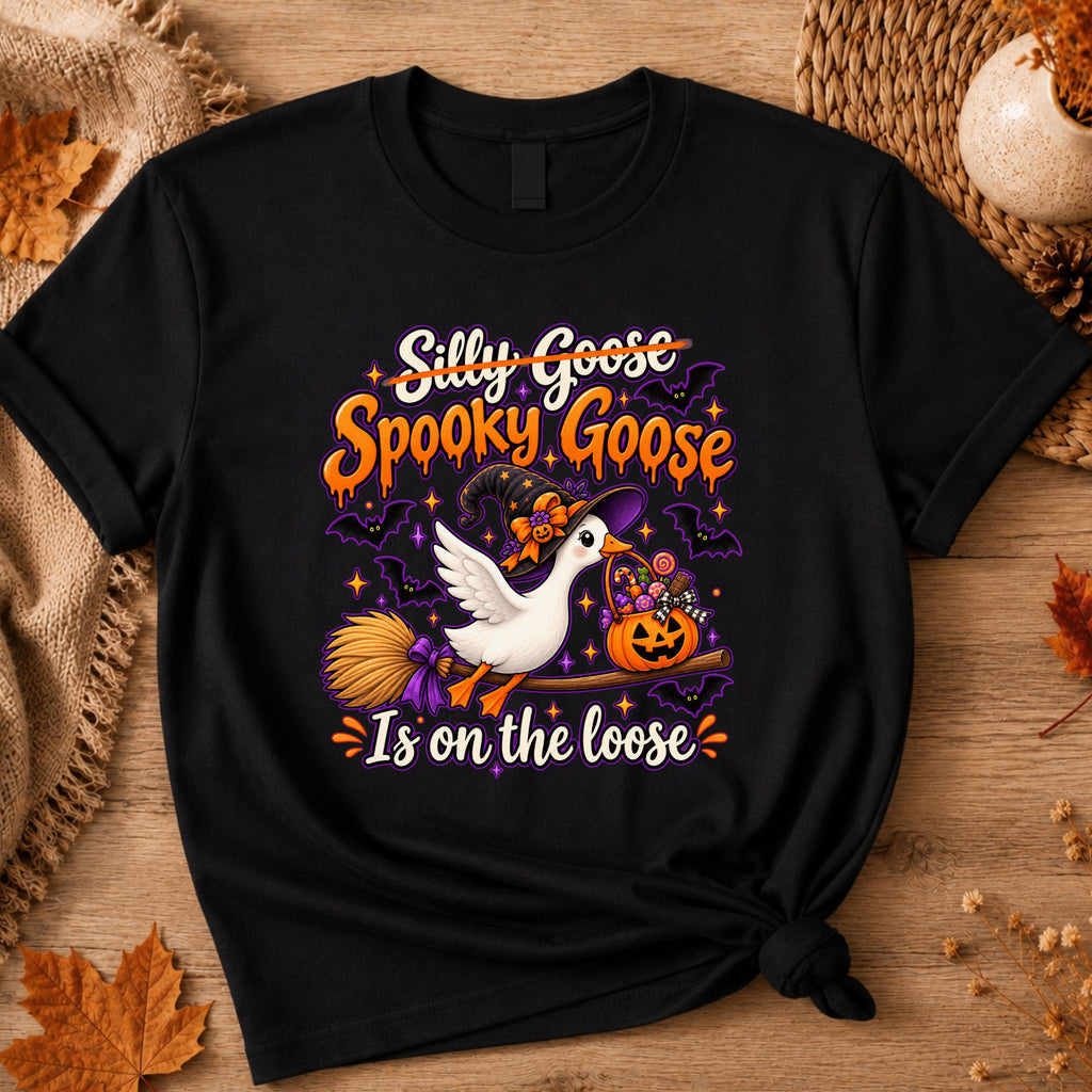 A black short-sleeve graphic T-shirt laid flat on a rustic wood surface with autumn props. The shirt features a Halloween-themed print with the text 'Silly Goose Spooky Goose Is on the loose' and an illustration of a white goose, orange pumpkins, purple bats, and a broom.