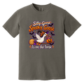 A dark gray crewneck t-shirt featuring a colorful Halloween graphic with a white goose, a witch's broom, a jack-o'-lantern, and bats, with the text 'Silly Goose Spooky Goose Is on the loose'.