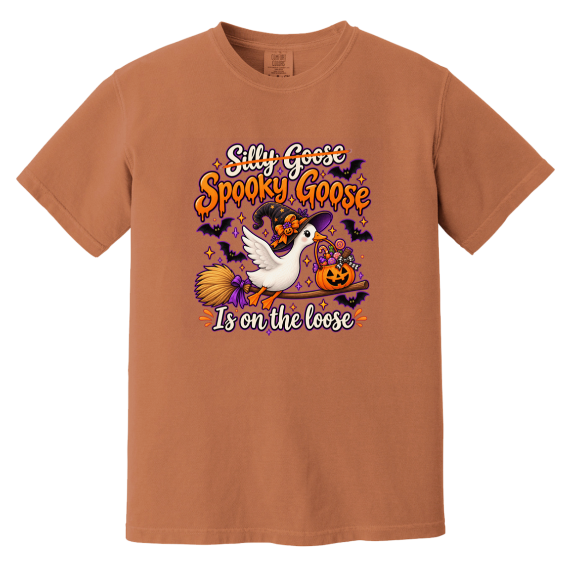 A rust-orange crewneck t-shirt featuring a Halloween graphic of a white goose riding a broomstick with the text 'Silly Goose Spooky Goose Is on the loose' in orange and white lettering.
