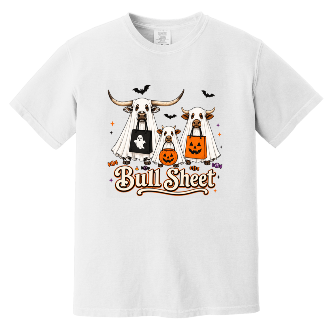 A white crewneck t-shirt featuring a Halloween graphic of three longhorn bulls dressed in ghost costumes, with one pumpkin and one ghost bag, and the text 'Bull Sheet' written below.