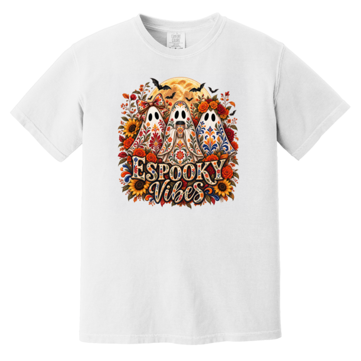 White crewneck t-shirt featuring a colorful graphic print of three decorated ghosts, sunflowers, bats, and the text 'Espooky Vibes' in a stylized font.
