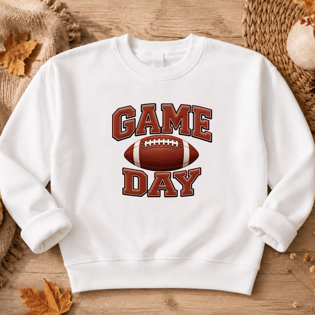 A white crewneck sweatshirt featuring a 'GAME DAY' football graphic, laid flat on a rustic wooden surface with autumn leaves and woven textures.