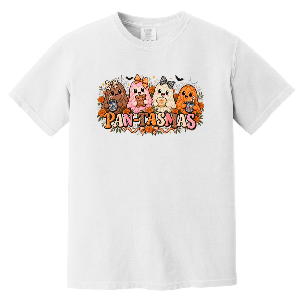 A bright white crewneck t-shirt featuring a colorful graphic of four ghost like pan dulce breads with the text 'PAN-TASMAS' printed below them.