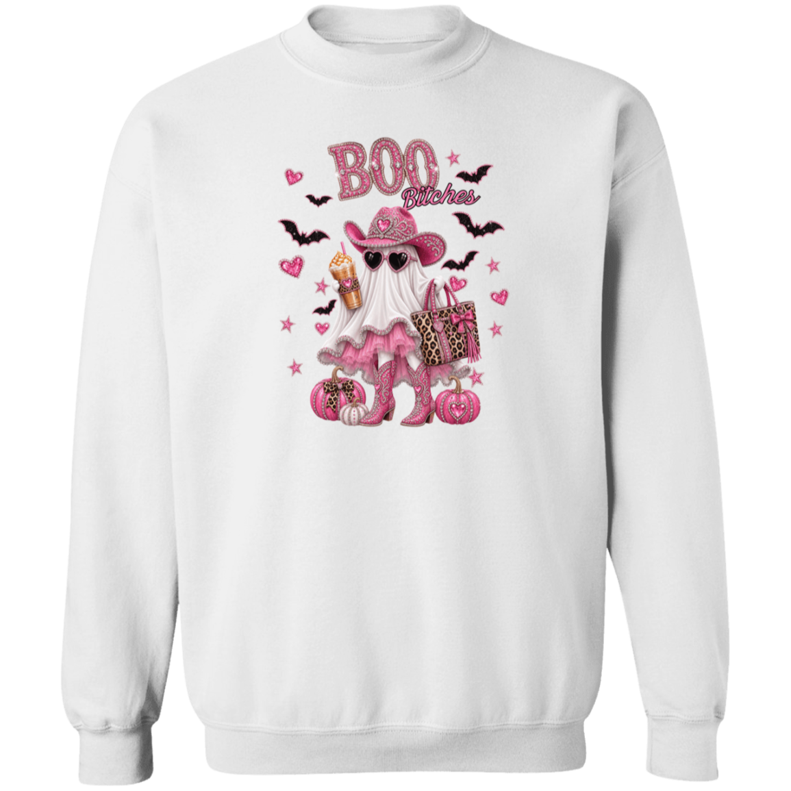 a white crewneck sweatshirt with a pink and black 'Boo Bitches' Halloween graphic featuring a ghost, cowboy hat, sunglasses, and pumpkins.