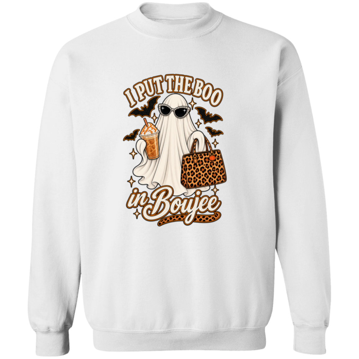 white crewneck sweatshirt with a graphic print that reads 'I PUT THE BOO in Boujee' featuring a ghost in sunglasses holding a drink and a leopard-print handbag.