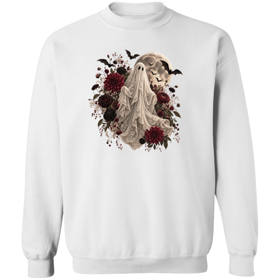 A white crewneck sweatshirt featuring a gothic-style graphic print of a ghostly figure surrounded by dark red flowers, black bats, and a full moon.