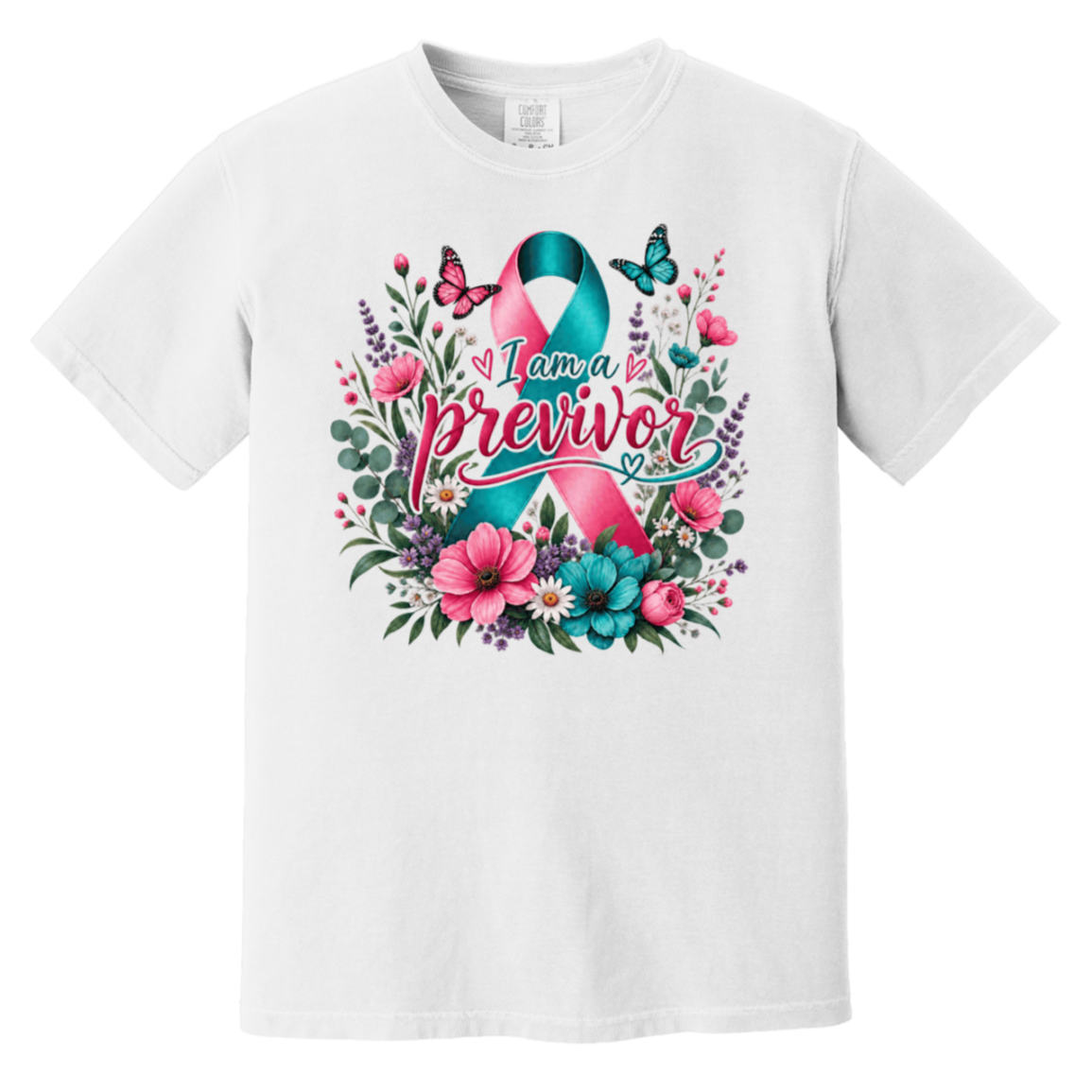 A white short-sleeve crewneck t-shirt featuring a colorful graphic on the front. The graphic displays a pink and teal awareness ribbon surrounded by pink flowers, green leaves, purple blossoms, and butterflies, with the text 'I am a previvor' written across the center.