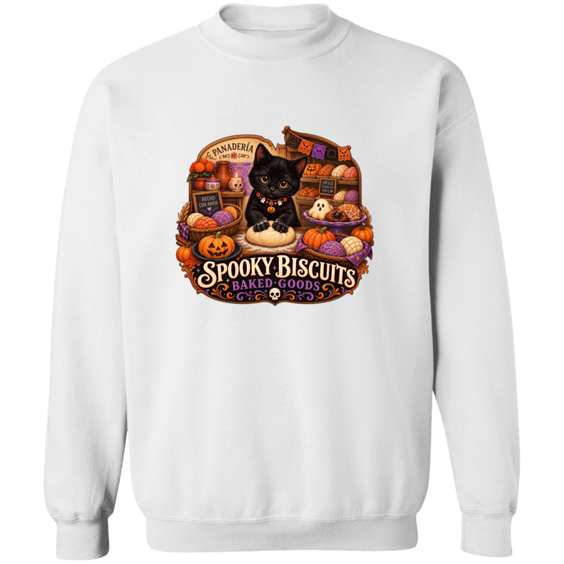 white crewneck sweatshirt with a large, colorful Halloween-themed graphic on the front. The graphic features a black cat surrounded by pumpkins, ghosts, and the text 'Spooky Biscuits Baked Goods'.