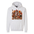 White hoodie with a rustic fall themed image featuring a football, iced coffee, football helmet and pumpkins with the phrase “tis the season”