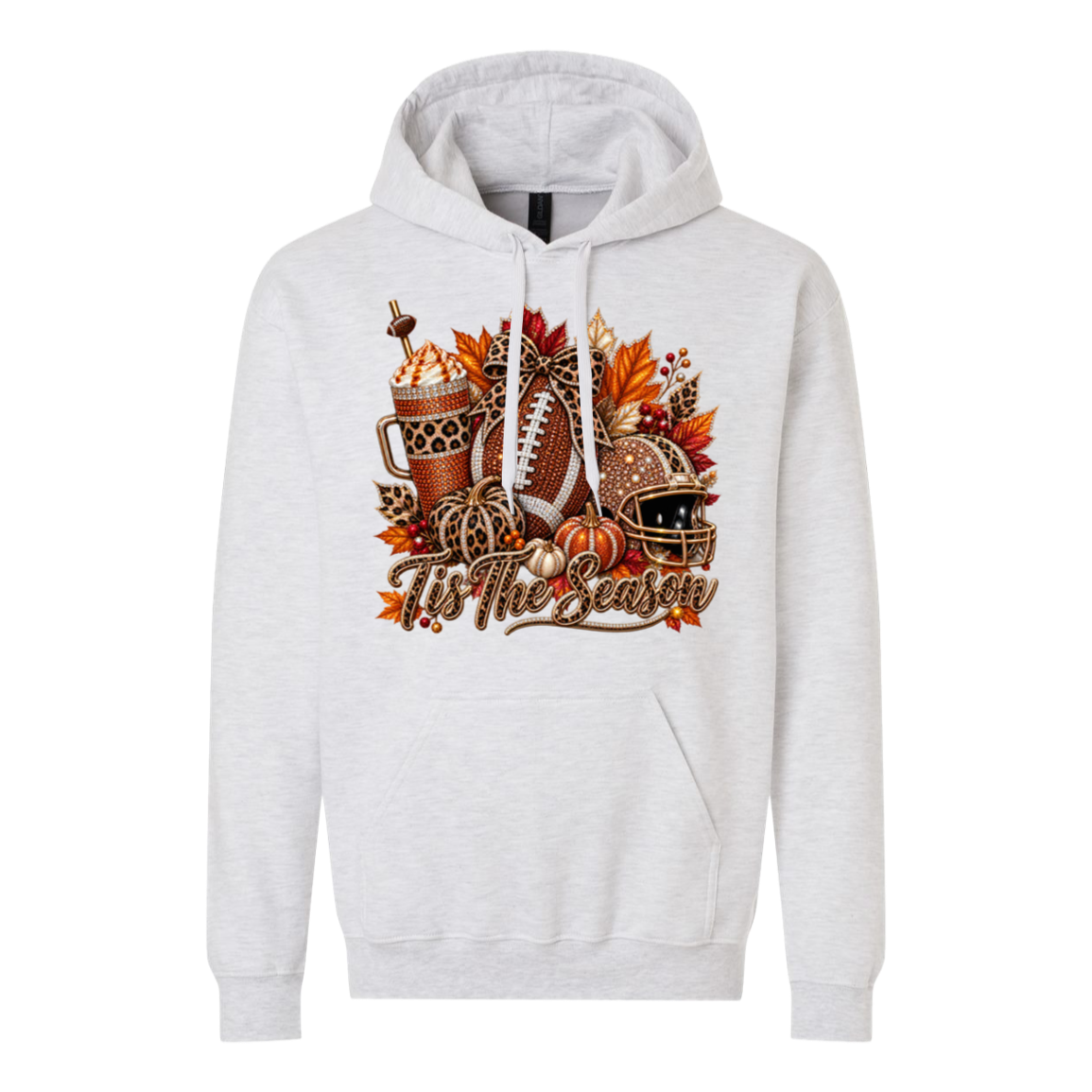 White hoodie with a rustic fall themed image featuring a football, iced coffee, football helmet and pumpkins with the phrase “tis the season”