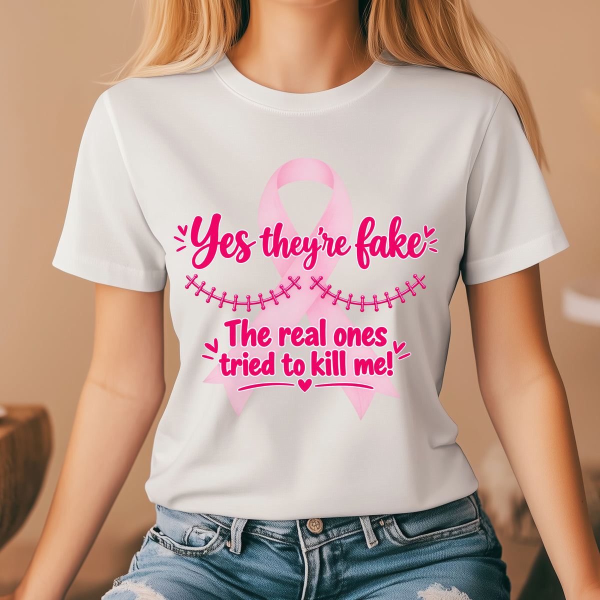 A woman wearing a white short-sleeve graphic T-shirt with a pink ribbon and the text 'Yes they're fake. The real ones tried to kill me!' in pink lettering, paired with blue jeans in a softly lit indoor setting.
