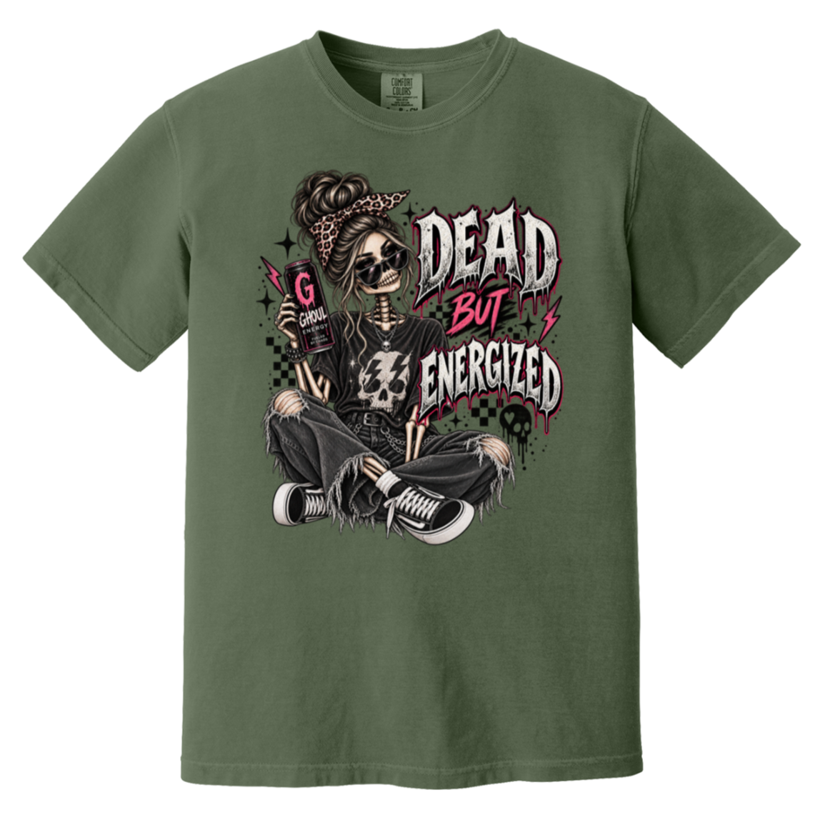 A army green crewneck t-shirt featuring a gothic-style graphic of a skeleton woman with sunglasses, a bandana, and ripped jeans, sitting cross-legged with the text 'DEAD BUT ENERGIZED' in a distressed font.