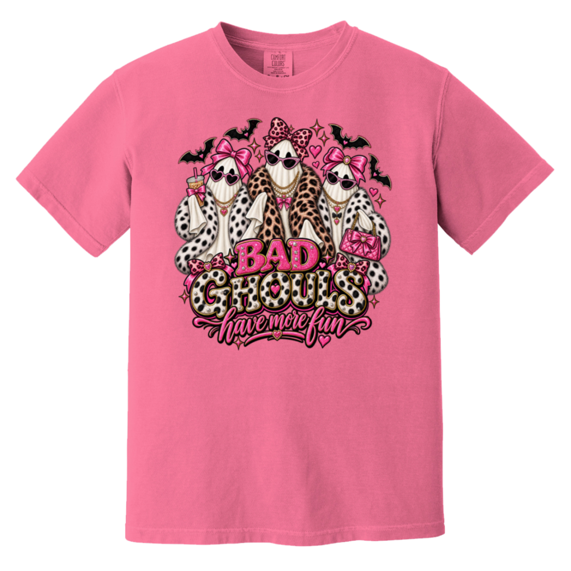 berry pink t-shirt with a graphic print of three ghosts dressed in faux fur outfits and pink bows, with the text 'BAD GHOULS have more fun' in pink and leopard print.