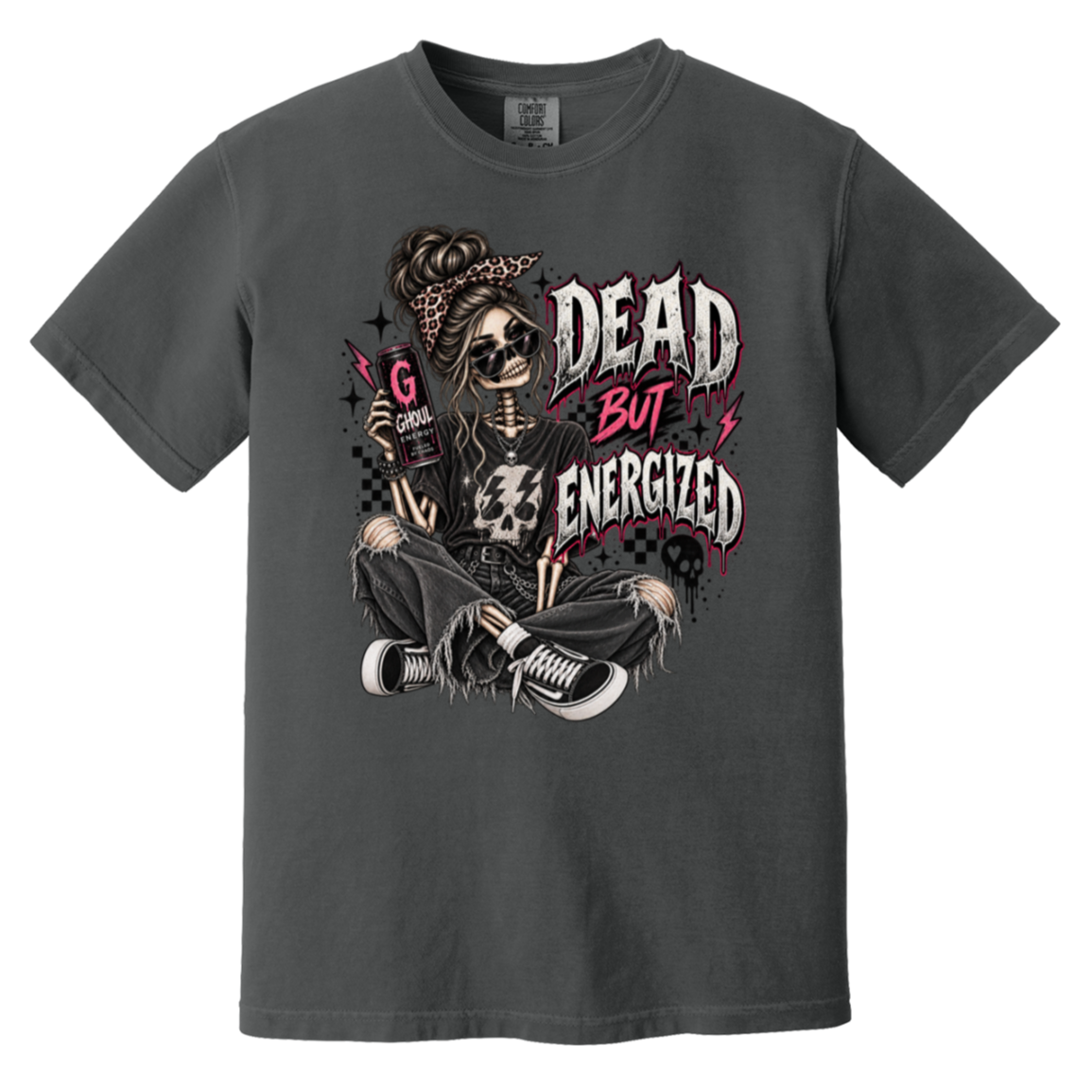 black A beige crewneck t-shirt featuring a gothic-style graphic of a skeleton woman with sunglasses, a bandana, and ripped jeans, sitting cross-legged with the text 'DEAD BUT ENERGIZED' in a distressed font.