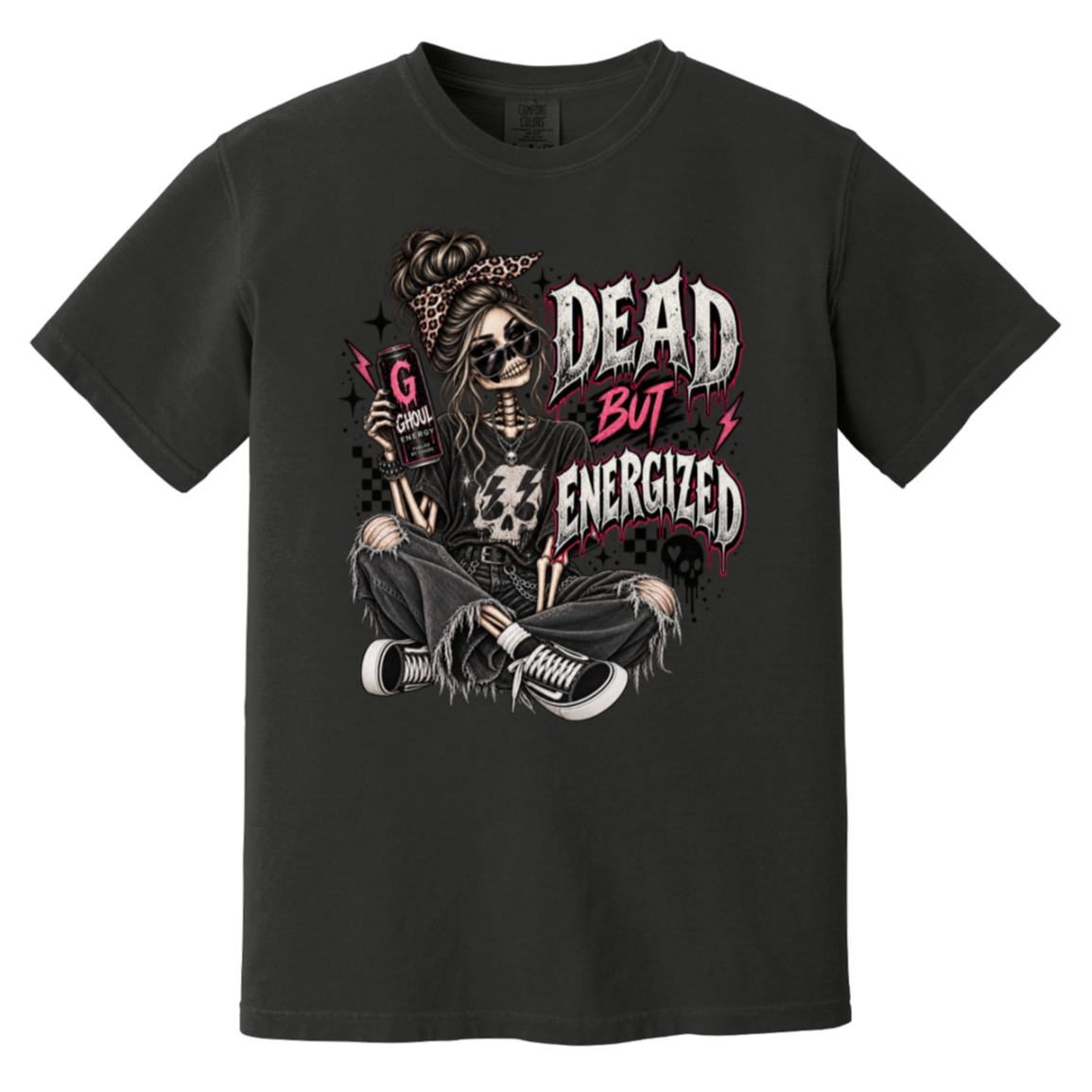 A black short-sleeve graphic t-shirt featuring a stylized skeleton woman holding a phone, with the text 'DEAD BUT ENERGIZED' in white and pink graffiti-style lettering.