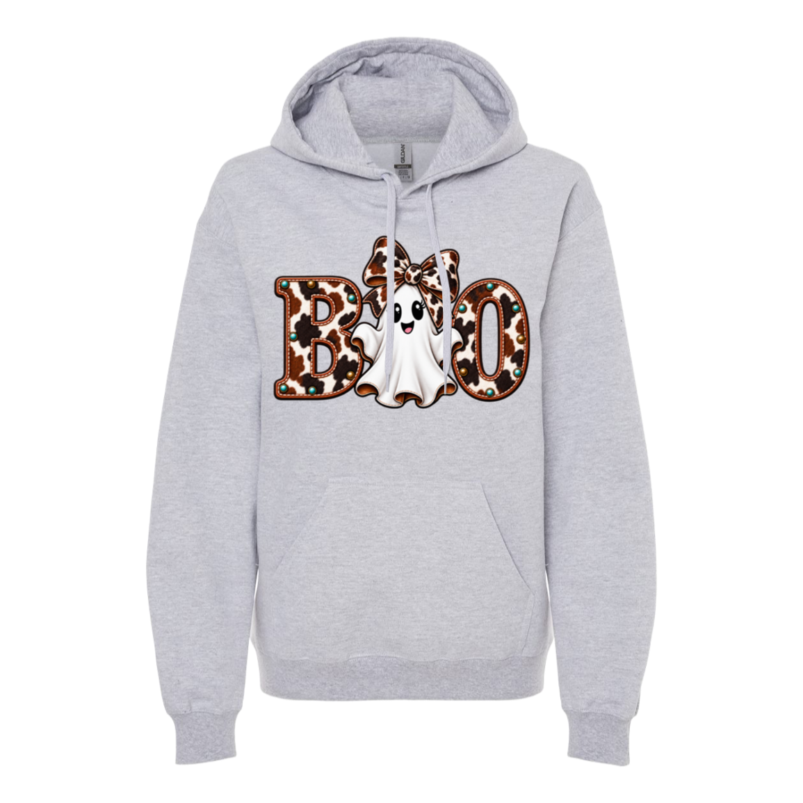 Light gray hoodie with a ghost wearing a large cowhide bow and the word boo with the ghost in the middle of the word