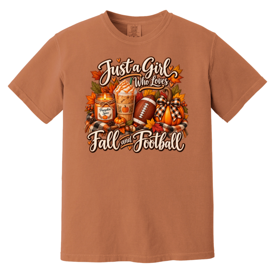 t-shirt with a colorful autumn graphic that reads 'Just a Girl Who Loves Fall and Football' with pumpkins, a football, a fall candle and iced coffee.