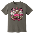dark gray t-shirt with a graphic print of three ghosts dressed in faux fur outfits and pink bows, with the text 'BAD GHOULS have more fun' in pink and leopard print.