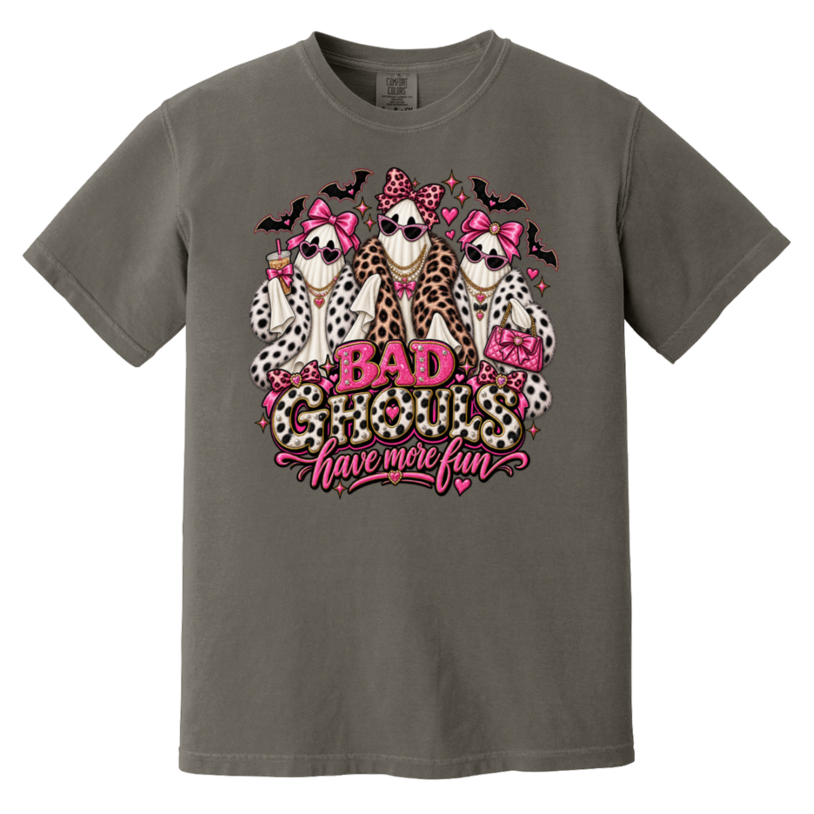 dark gray t-shirt with a graphic print of three ghosts dressed in faux fur outfits and pink bows, with the text 'BAD GHOULS have more fun' in pink and leopard print.