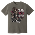 dark gray tshirt with the graphic of a skeleton wearing jeans and a tshirt holding an energy drink with a text "DEAD BUT ENERGIZED"
