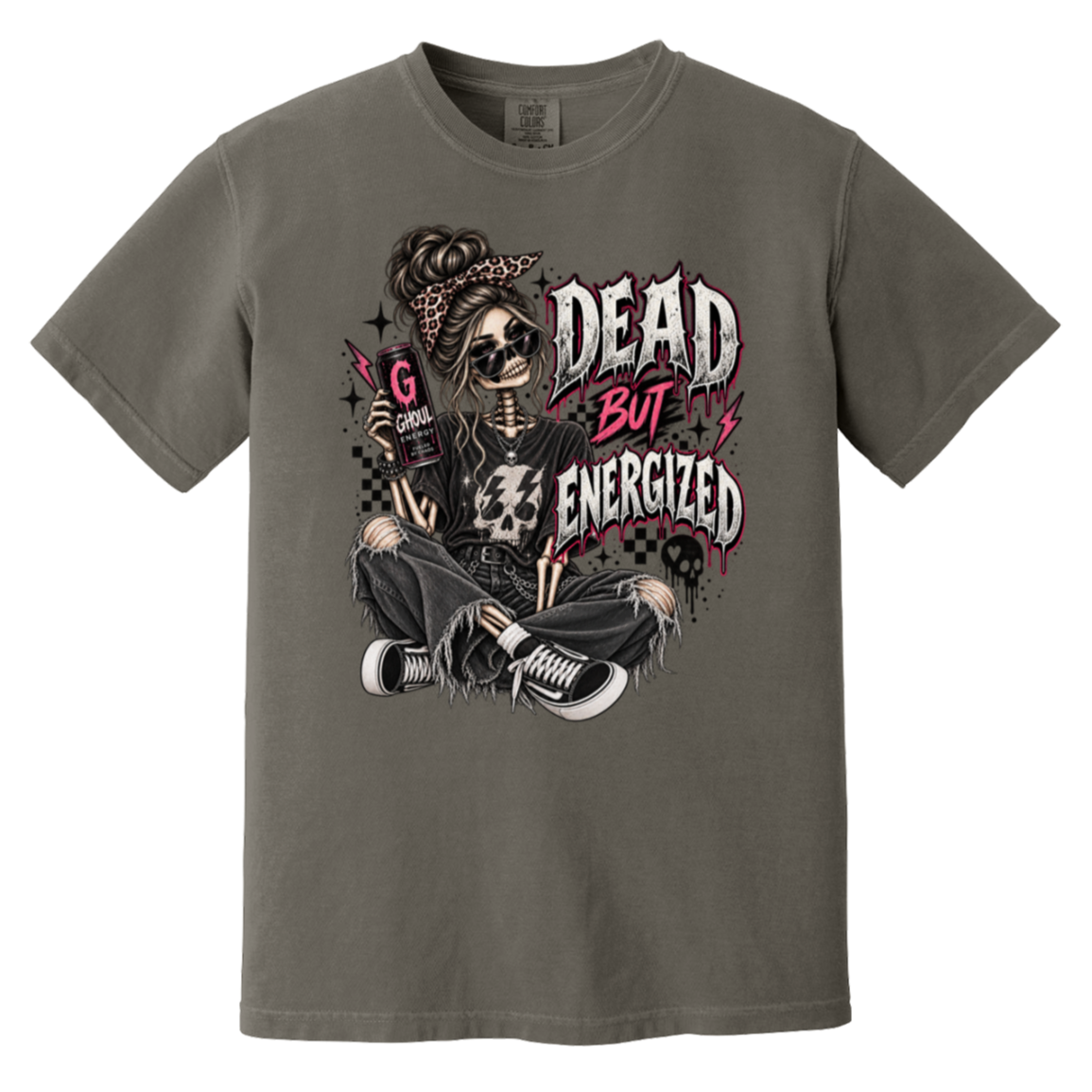 dark gray tshirt with the graphic of a skeleton wearing jeans and a tshirt holding an energy drink with a text "DEAD BUT ENERGIZED"
