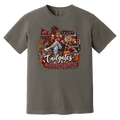 Dark gray graphic T-shirt with a detailed autumn football scene printed on the front, including a truck, pumpkins, sunflowers, and the text 'Tailgates & Touchdowns'.