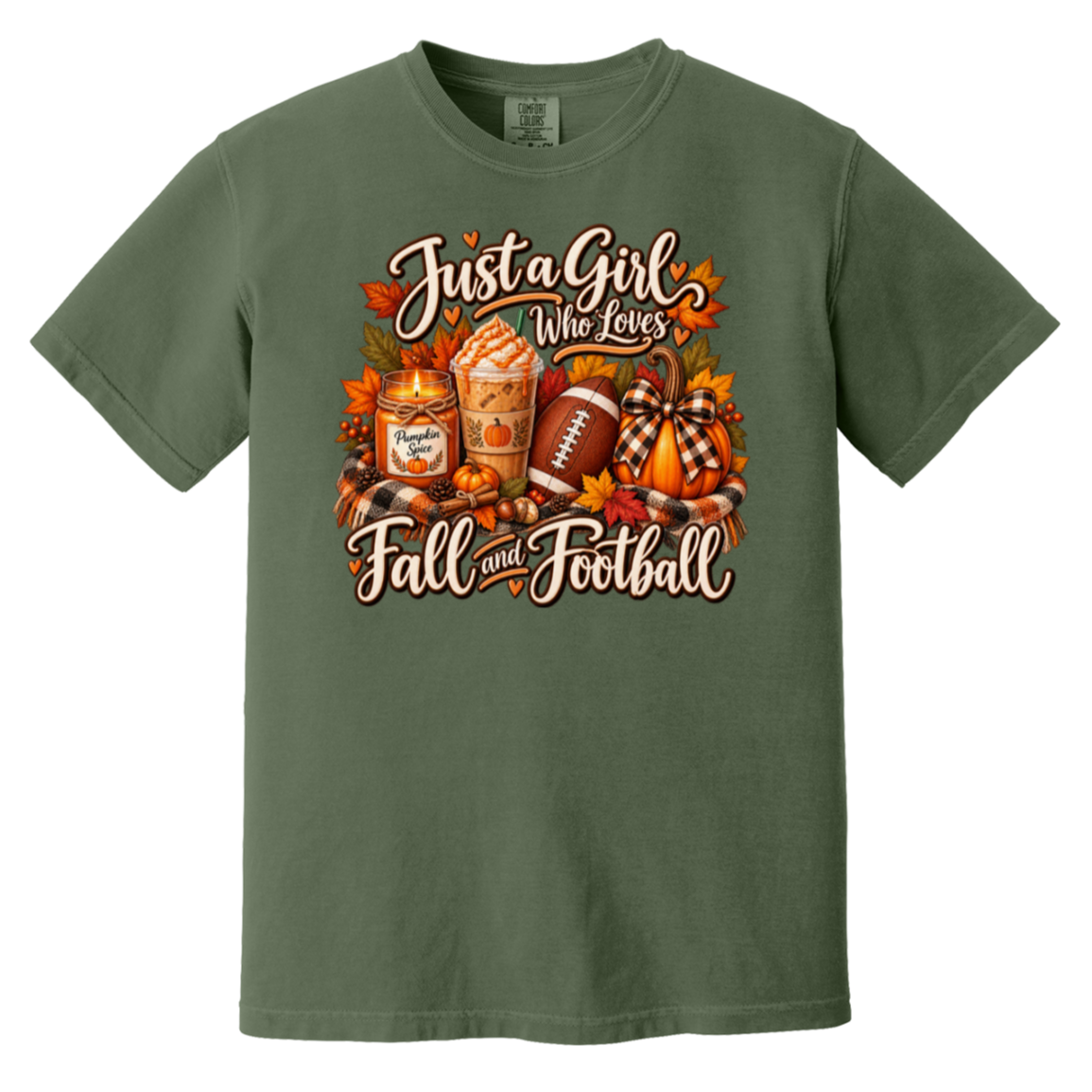 dark green t-shirt with a colorful autumn graphic that reads 'Just a Girl Who Loves Fall and Football' with pumpkins, a football, a fall candle and iced coffee.