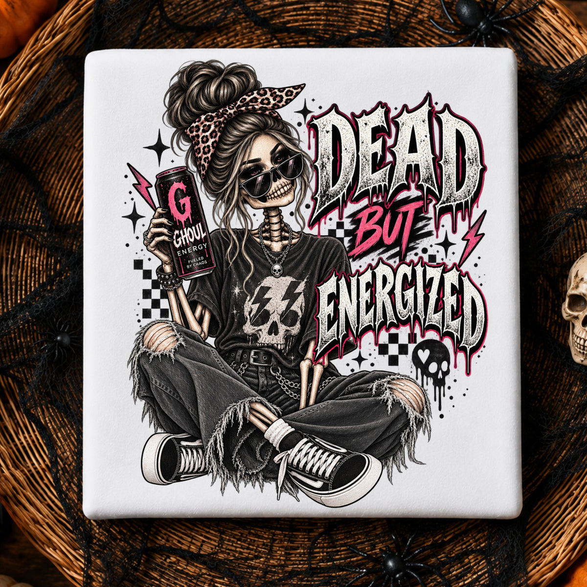white folded tshirt with the graphic of a skeleton wearing jeans and a tshirt holding an energy drink with a text "DEAD BUT ENERGIZED"