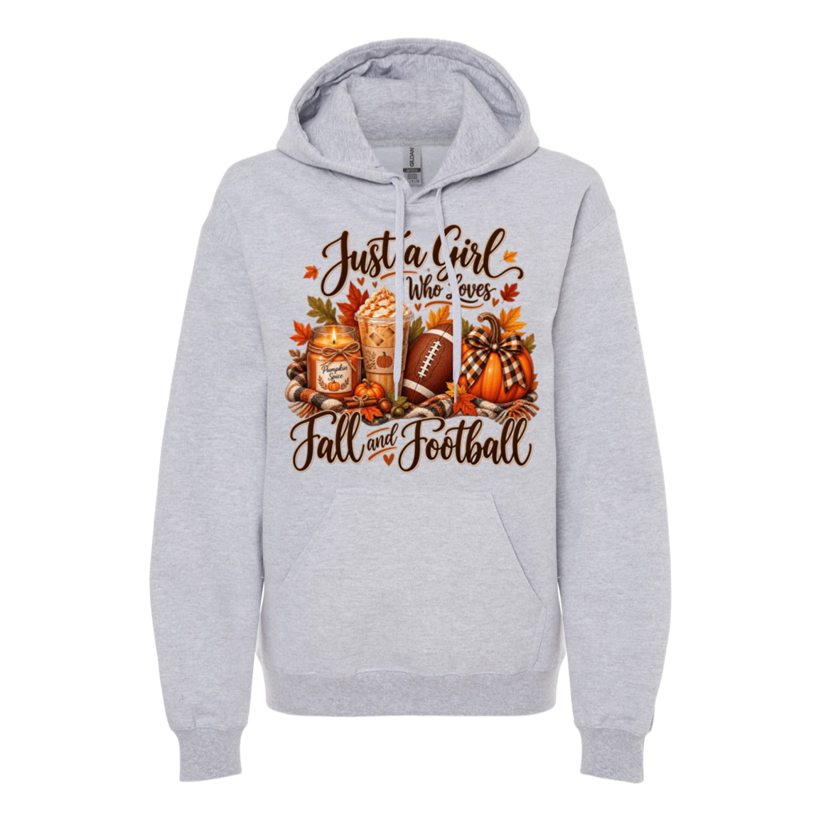 A light heather gray pullover hoodie with a detailed graphic on the front. The graphic features the text 'Just a Girl Who Loves Fall and Football' in brown script, surrounded by autumn elements like pumpkins, plaid bows, a football, and a football helmet.