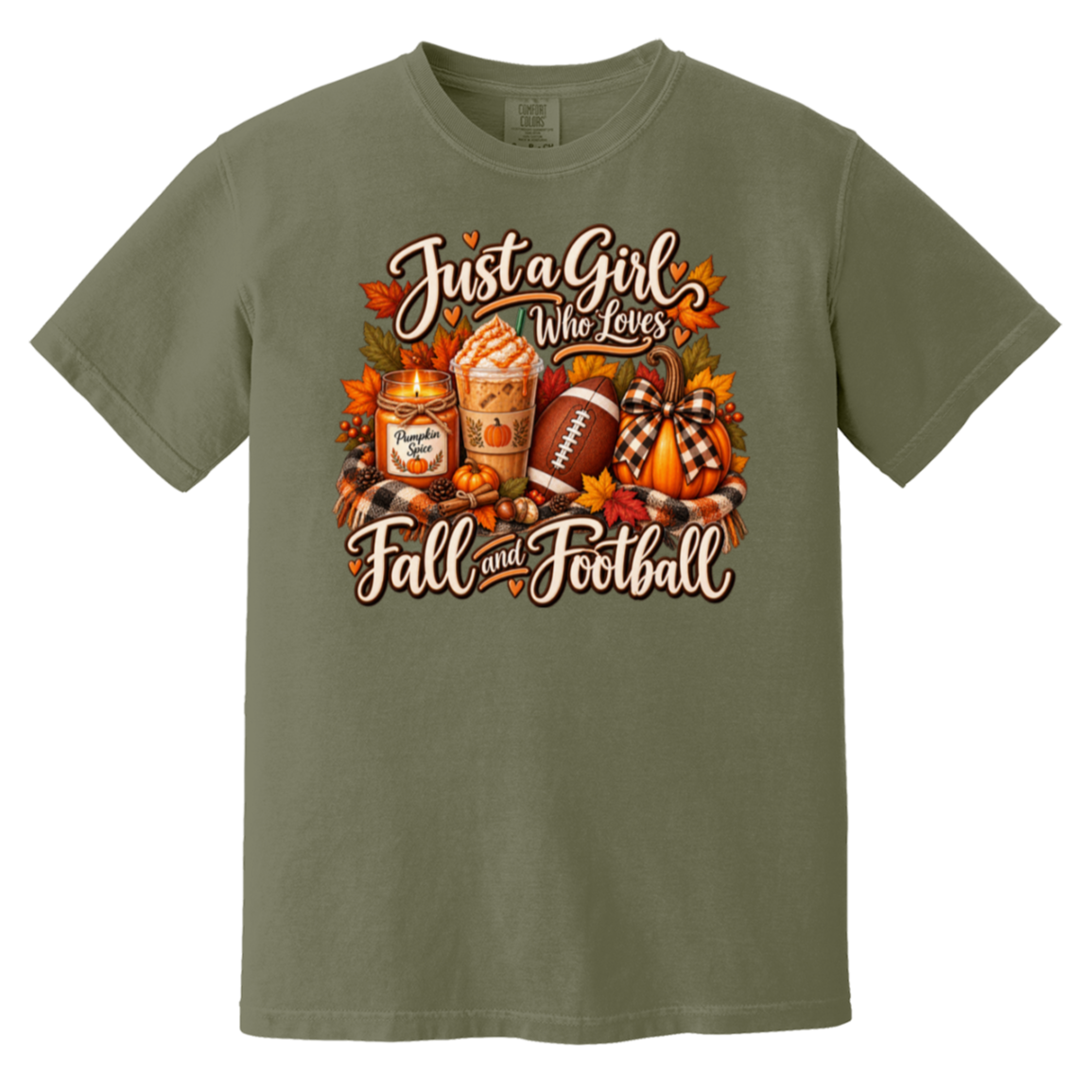 An olive green short-sleeve t-shirt with a 'Just a Girl Who Loves Fall and Football' graphic on the front, featuring autumn leaves, pumpkins, a football, and a jar of pumpkin spice latte.