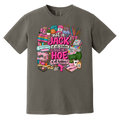 A dark gray crewneck t-shirt featuring a colorful graphic print on the front. The graphic displays various sewing and crafting tools, yarn, and books arranged around the text 'not a JACK of all trades super HOE of all hobbies', with a pink sewing machine and sewing needle in the center.