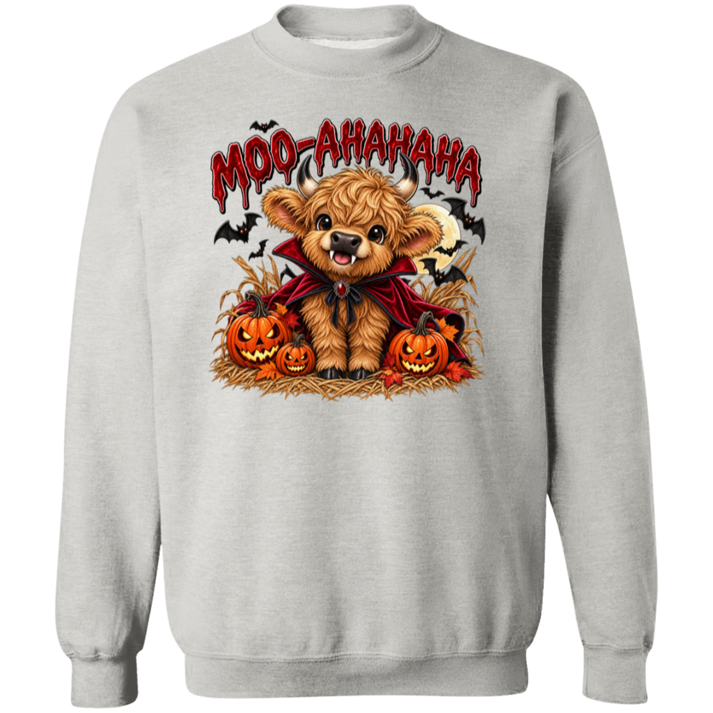 A light gray crewneck sweatshirt featuring a Halloween graphic of a fluffy highland cow dressed as a vampire with pumpkins and the text 'MOO-AAHAHAHA' above it.