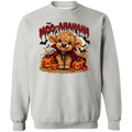A light gray crewneck sweatshirt featuring a Halloween graphic of a fluffy highland cow dressed as a vampire with pumpkins and the text 'MOO-AAHAHAHA' above it.