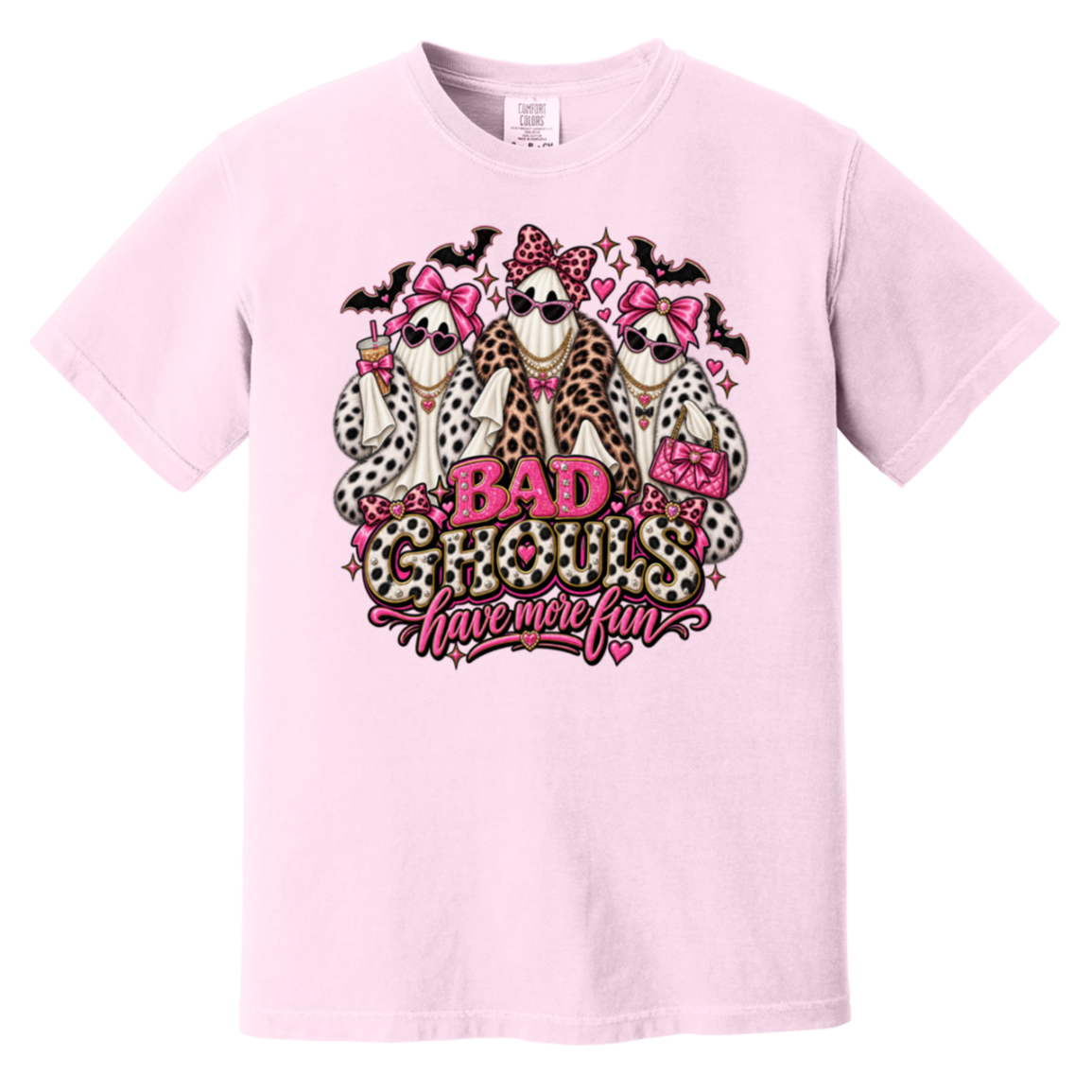 light pink t-shirt with a graphic print of three ghosts dressed in faux fur outfits and pink bows, with the text 'BAD GHOULS have more fun' in pink and leopard print.