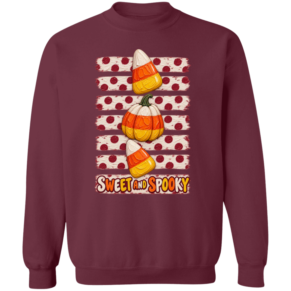 Halloween design with two candy corns, one pumpkin, red polka dots on a distressed cream background, and the words 'SWEET AND SPOOKY' at the bottom.