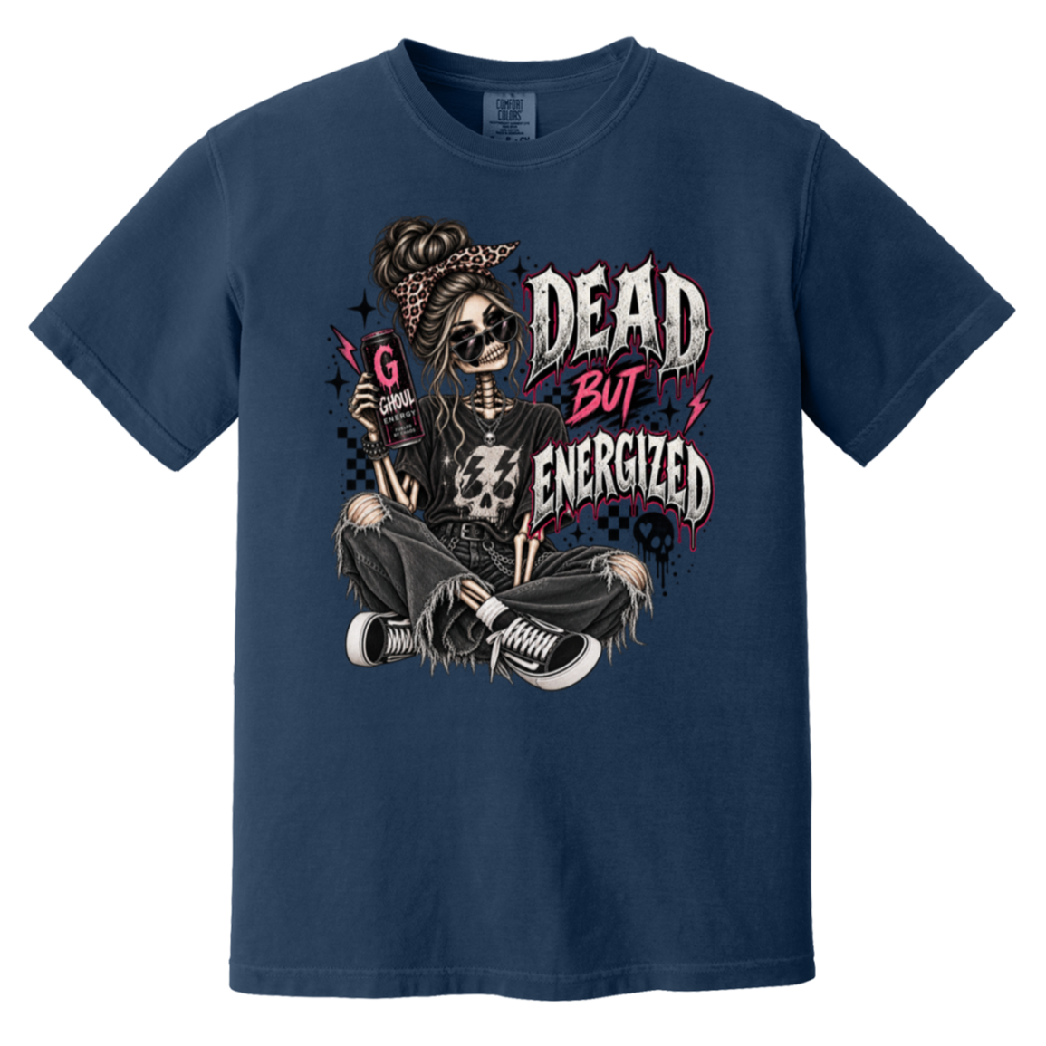 navy blue crewneck t-shirt featuring a gothic-style graphic of a skeleton woman with sunglasses, a bandana, and ripped jeans, sitting cross-legged with the text 'DEAD BUT ENERGIZED' in a distressed font.