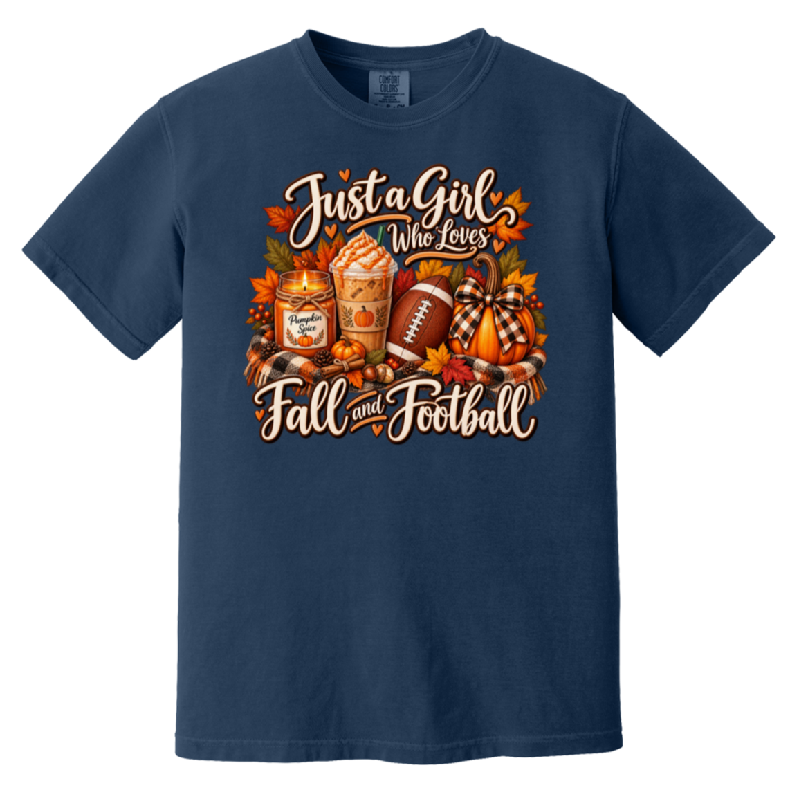 navy blue t-shirt with a colorful autumn graphic that reads 'Just a Girl Who Loves Fall and Football' with pumpkins, a football, a fall candle and iced coffee.