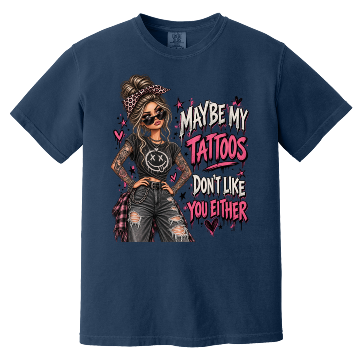 navy tshirt with a graphic of a woman with two sleeves of tattoos on her arms and a text that says "maybe my tattoos don't like you either" 
