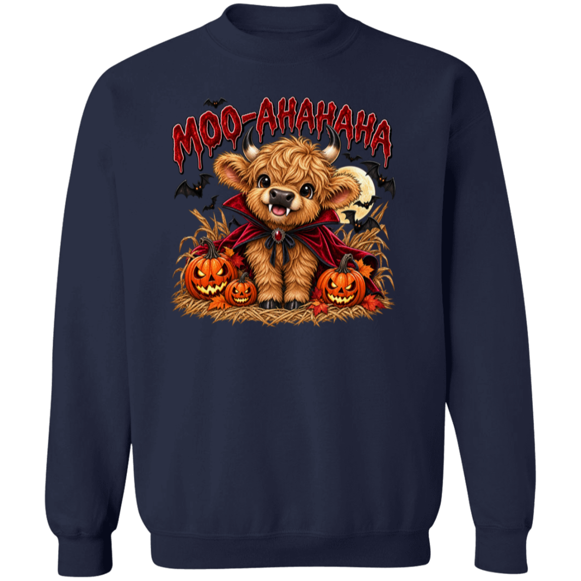 navy crewneck sweatshirt featuring a cartoon graphic of a fluffy brown Scottish highland cow dressed in a red cape, surrounded by jack-o'-lanterns, with the text 'MOO-AAHAHAHA' in red above it.