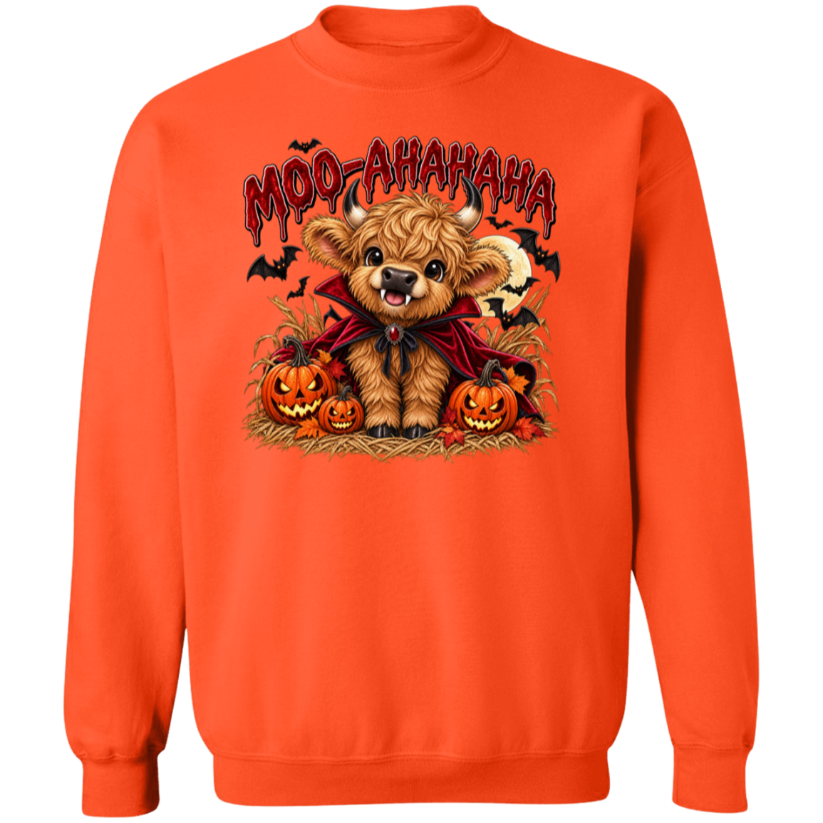orange crewneck sweatshirt featuring a cartoon graphic of a fluffy brown Scottish highland cow dressed in a red cape, surrounded by jack-o'-lanterns, with the text 'MOO-AAHAHAHA' in red above it.