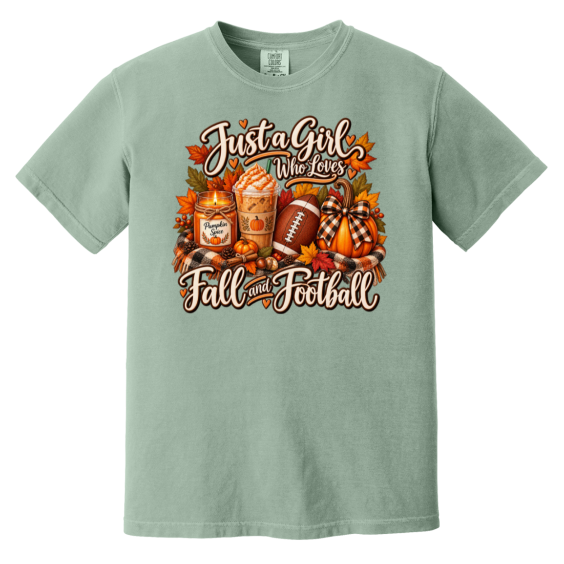 seafoam green t-shirt with a colorful autumn graphic that reads 'Just a Girl Who Loves Fall and Football' with pumpkins, a football, a fall candle and iced coffee.