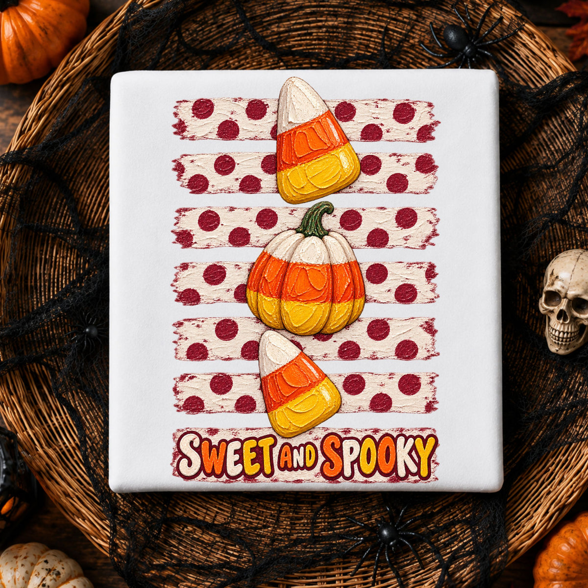 Halloween design with two candy corns, one pumpkin, red polka dots on a distressed cream background, and the words 'SWEET AND SPOOKY' at the bottom.