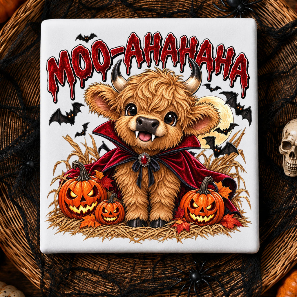 white crewneck sweatshirt featuring a cartoon graphic of a fluffy brown Scottish highland cow dressed in a red cape, surrounded by jack-o'-lanterns, with the text 'MOO-AAHAHAHA' in red above it.